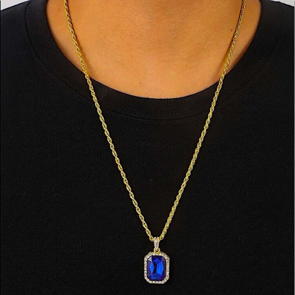 GOLD 18K plated BLUE SAPPHIRE DIAMOND PENDANT ROPE CHAIN NECKLACE New